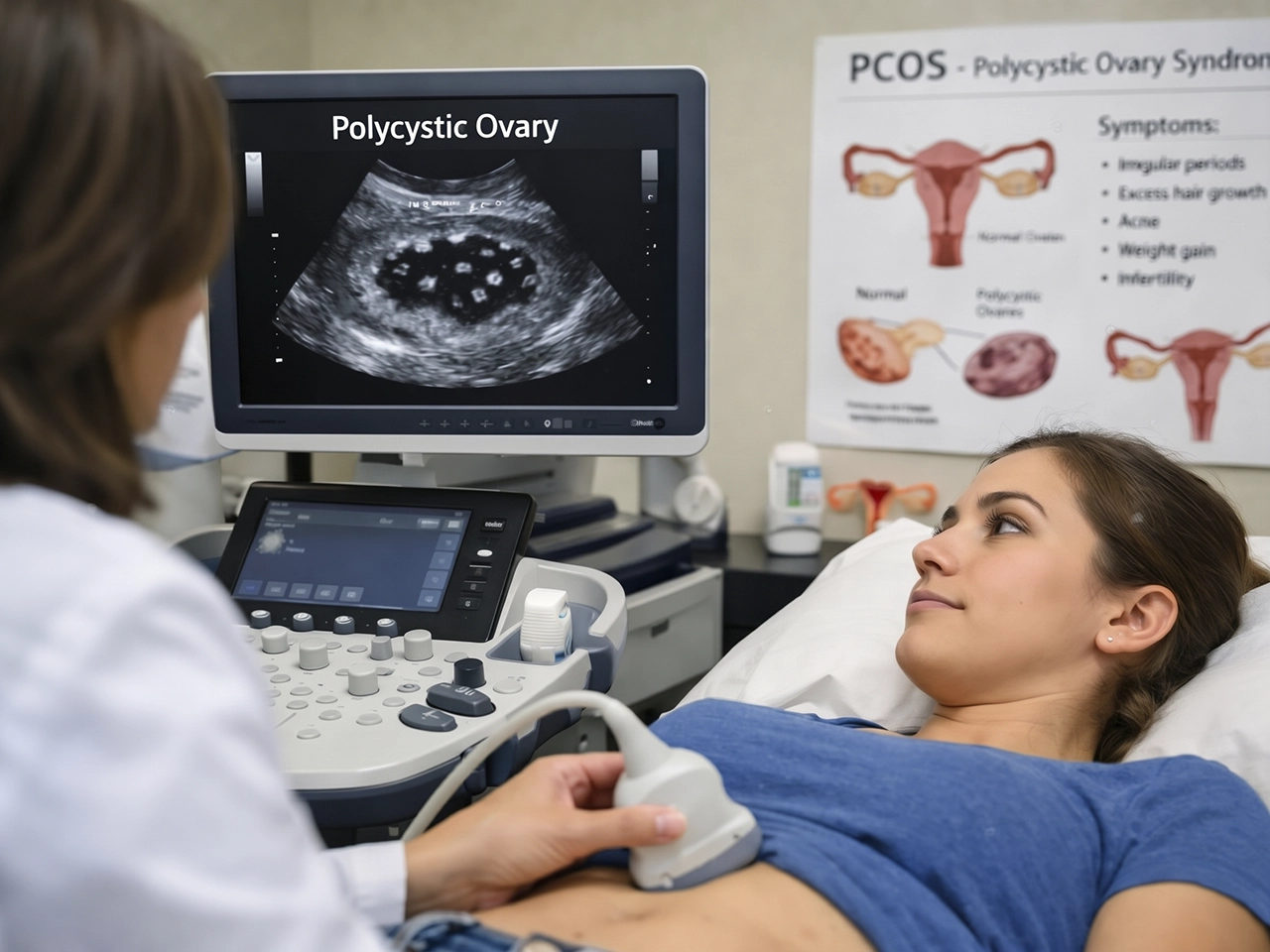 Médico monitorea a paciente que presenta SOP y embarazo, mediante el ultrasonido. Médico monitorea a paciente que presenta SOP y embarazo, mediante el ultrasonido.