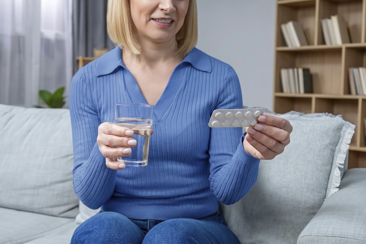 Mujer con sudores nocturnos, y sofocos, tomando pastillas como parte de su tratamiento para disminuir los síntomas de la menopausia. Mujer con sudores nocturnos, y sofocos, tomando pastillas como parte de su tratamiento para disminuir los síntomas de la menopausia.