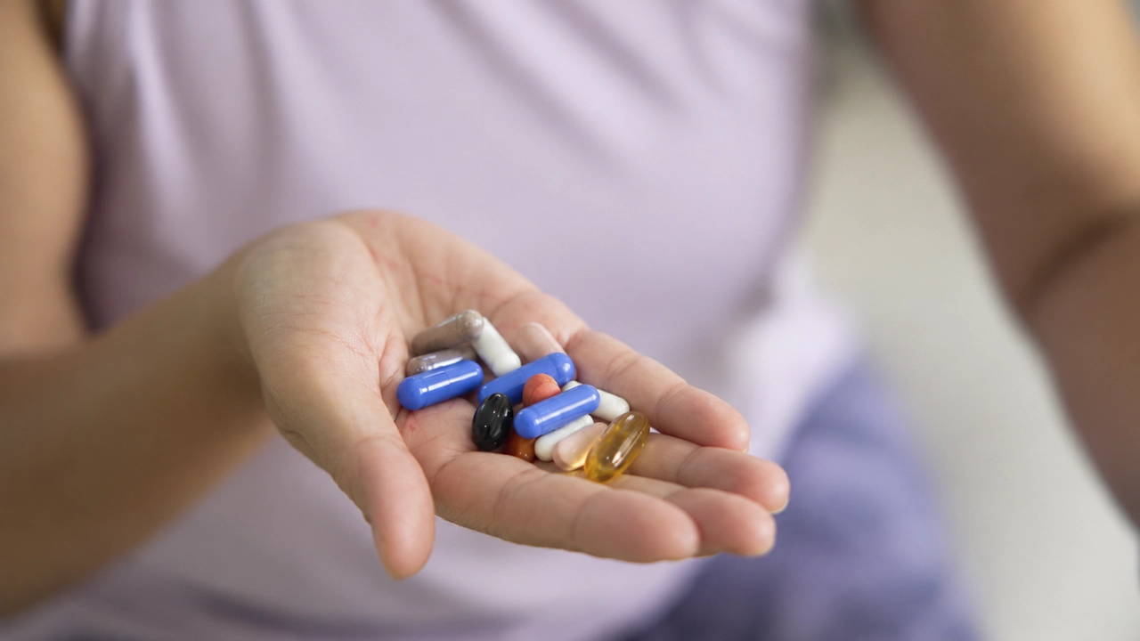 Persona sosteniendo en la mano suplementos y cápsulas de vitamina K para complementar su nutrición diaria.